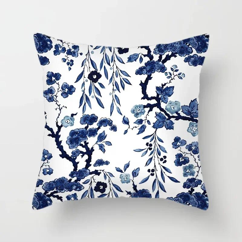 40/45/50/60Cm Blue Geometric Floral Printed Pillow Case Soft Cushion Cover For Home Sofa Car Bedroom Pillow Covers