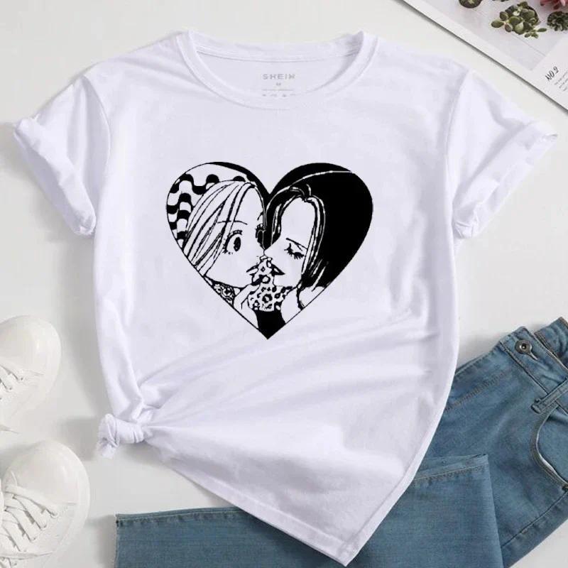 Nana Japanese Anime Summer Short Top T-shirt Women's Heart Pattern Anime T-shirt White Short Sleeve Casual Harajuku T-shirt Top