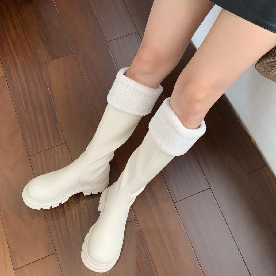 Korean version of thick-soled high boots for women's 2025 autumn and winter new plush flanged cotton boots, small and thin fashion boots
