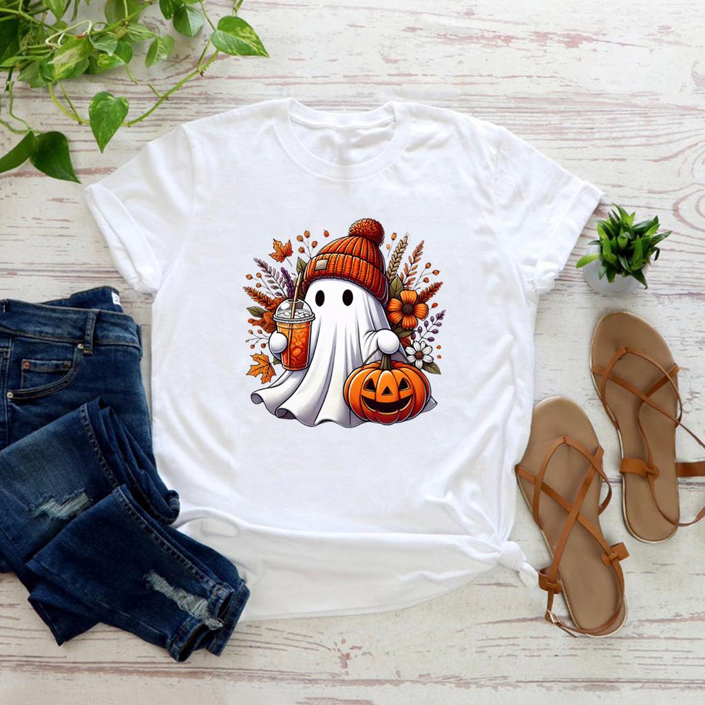 Halloween Cute Ghost T-shirt Halloween Pumpkin Spice Tee Women's Graphic T Shirts Spooky Season T-shirts Trick or Treat Tees