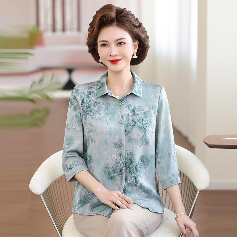 

Fashionable Chiffon Lapel Shirt for Moms - Lightweight Summer Top with Seven-Sleeves for Middle-Aged and Elderly Women 5XL (150-165 lbs recommended) зелений