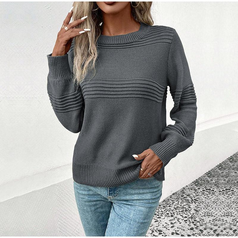 Autumn Casual Top Multi-Color Crew Neck Long Sleeve Jacquard Solid Color Women Sweater
