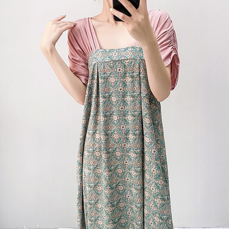 Women's nightgown thin short-sleeved printing light luxury simple breathable casual loungewear long skirt can be worn outside
