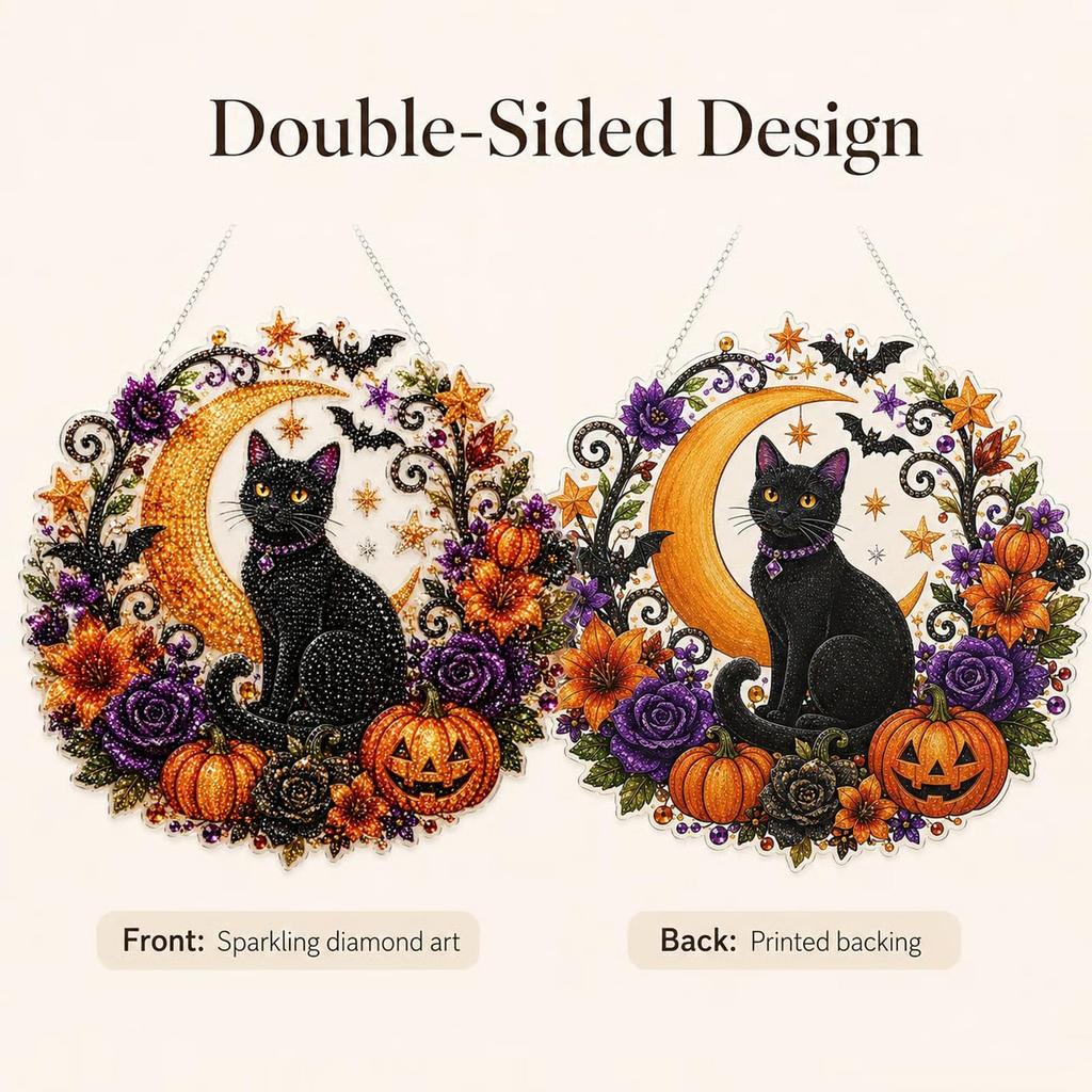 Halloween 2D Flat DIY PET Diamond Art Pendant with Chain Crystal Rhinestone Art Pendants for Adults Gift Home Wall Window Decor