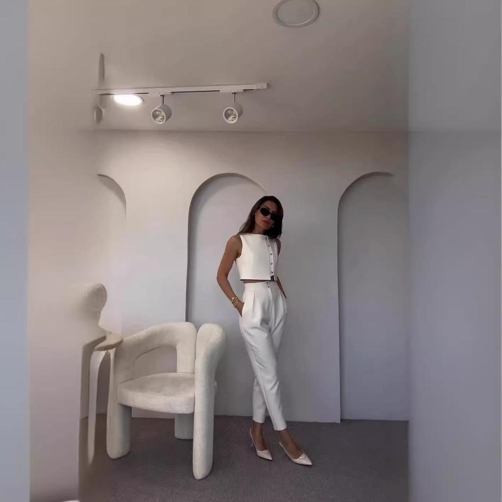 Europäische & Amerikanische Damenmode 2024 Frühling/Sommer Ärmelloses Top & Hochtaillierte Cropped-Hose Set