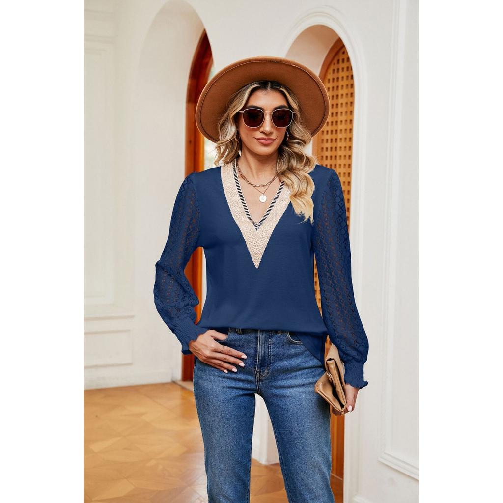 Fall Winter New Women's V-Neck Lace Splicing Loose Long Sleeve T-Shirt Top, Cross-Border Casual Tops for Women