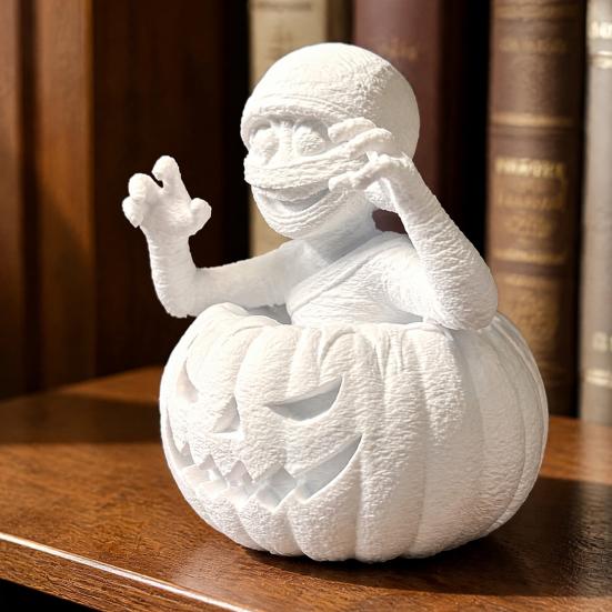 Blank PLA Sculpture for Art 3D Printed Pumpkin Boy Figurine, Unpainted White DIY Statue, Unique Tabletop Display Piece Halloween Mummy Sculpture,