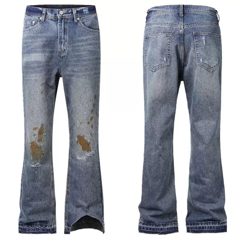 RogueWave High Street Straight Washed Dirty Ripped Blue Jeans Pants for Men Vintage Casual Loose Denim Trousers Frayed Patchwork Cargos
