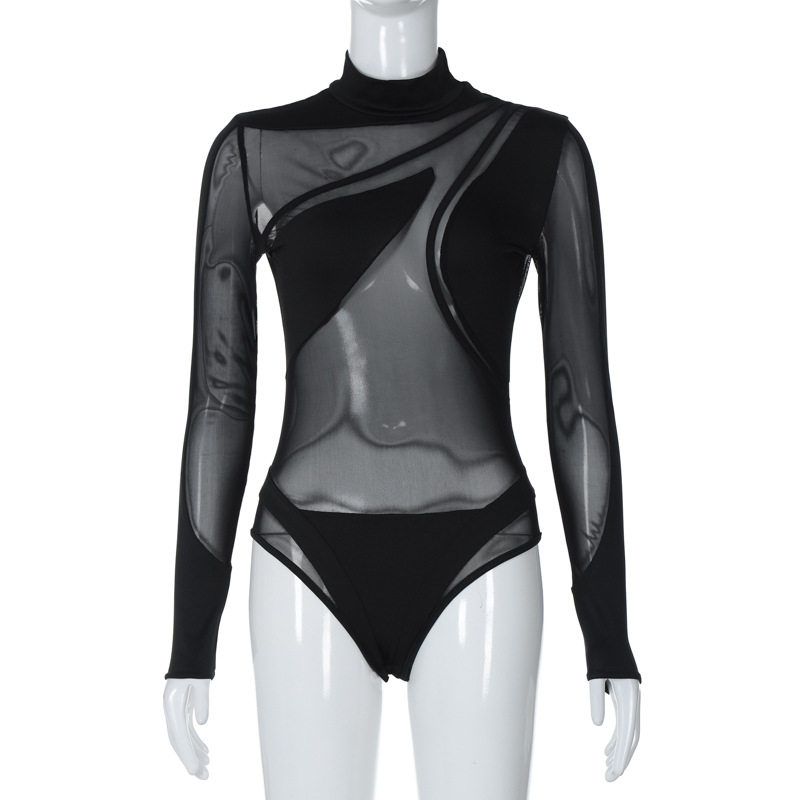 Amazon s Best-Selling Women s Clothing 2025 Autumn New Arrivals Sexy Mesh Patchwork See-Through Slim-Fit Long-Sleeve Jumpsuit Black XS