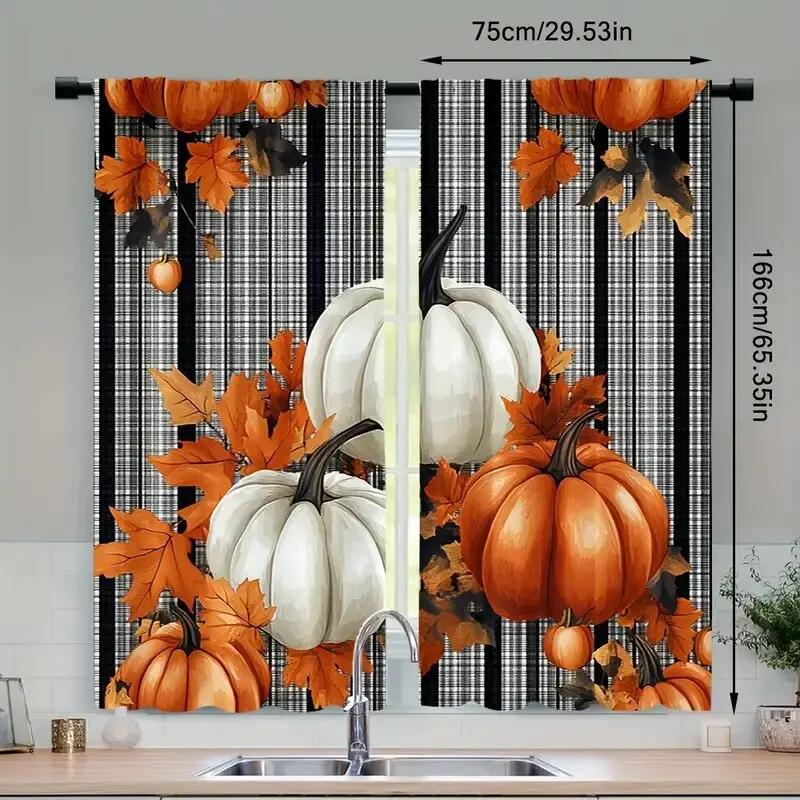 Farmhouse Autumn Pumpkin Pattern Printed Curtains Window Decorations Home Room Set Of 2 Made Polyester