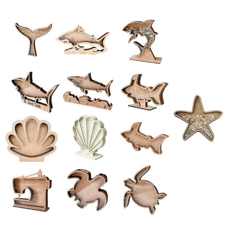 Starfishs Shape Seashells Display Box with Clear Acrylic Front Wood Seashells Holders for Shark Teeth Small Shadows Box