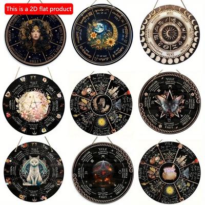 1pc 2d Flat Wheel of The Year Wooden Sign - 20cm, Pagan Calendar, Witchcraft, Moon Phases Round Plaque for Home Outdoor Indoor Bar Cafe Decoration