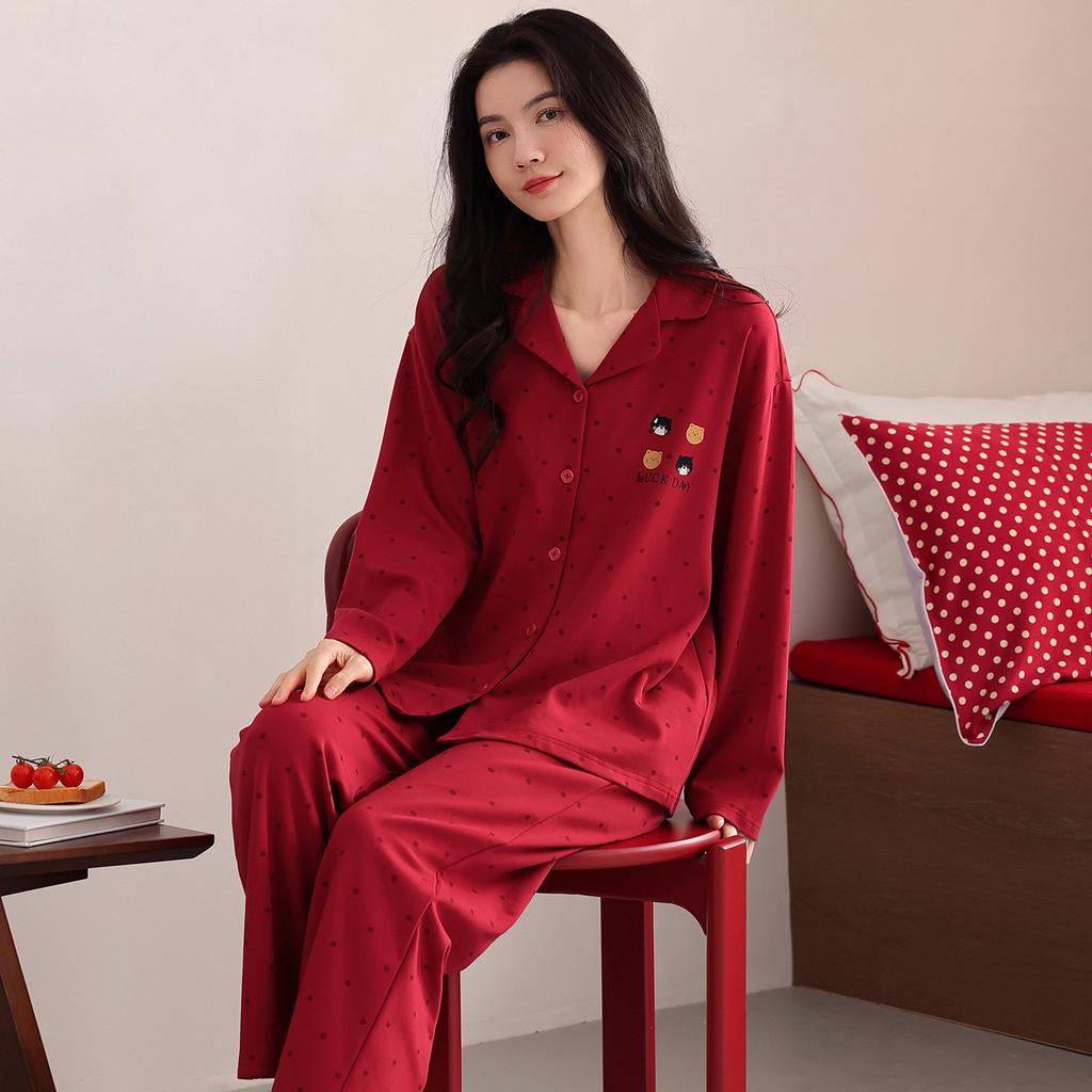 Red Pajamas Wedding Newlywed Couple Suit Pure Cotton Men's and Women's Birth Year Spring and Autumn Loungewear Suit Autumn