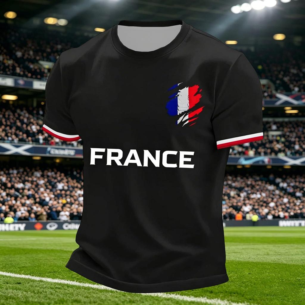 Men's Casual Crew Neck Short Sleeve Pullover T-Shirt Football Fan Graphic Print World Cup Supporter Top France Design