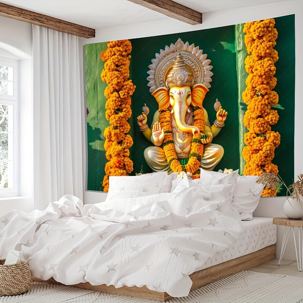 Divine Ganesha Tapestry  Vibrant Floral Border Ornate Design  Sacred Symbols for Spiritual and Cultural Home Decor Wall Art