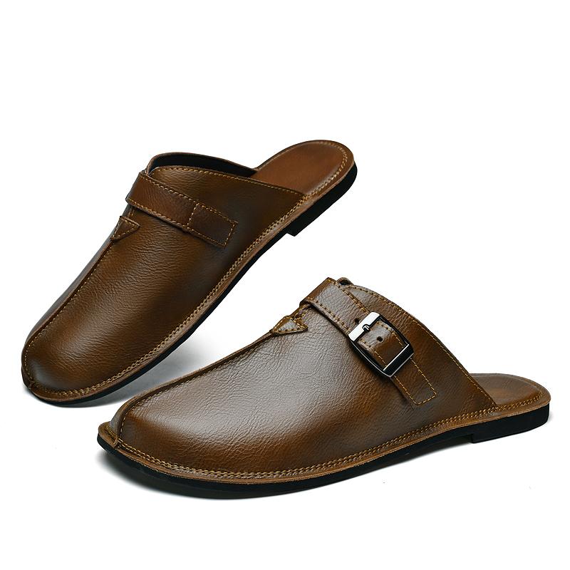 Fashion New Lightweight Loafers Sandals Breathable Half Slippers Stylish Flats Leather Man Muller Shoes Soft Men Casual Slip On Footwear