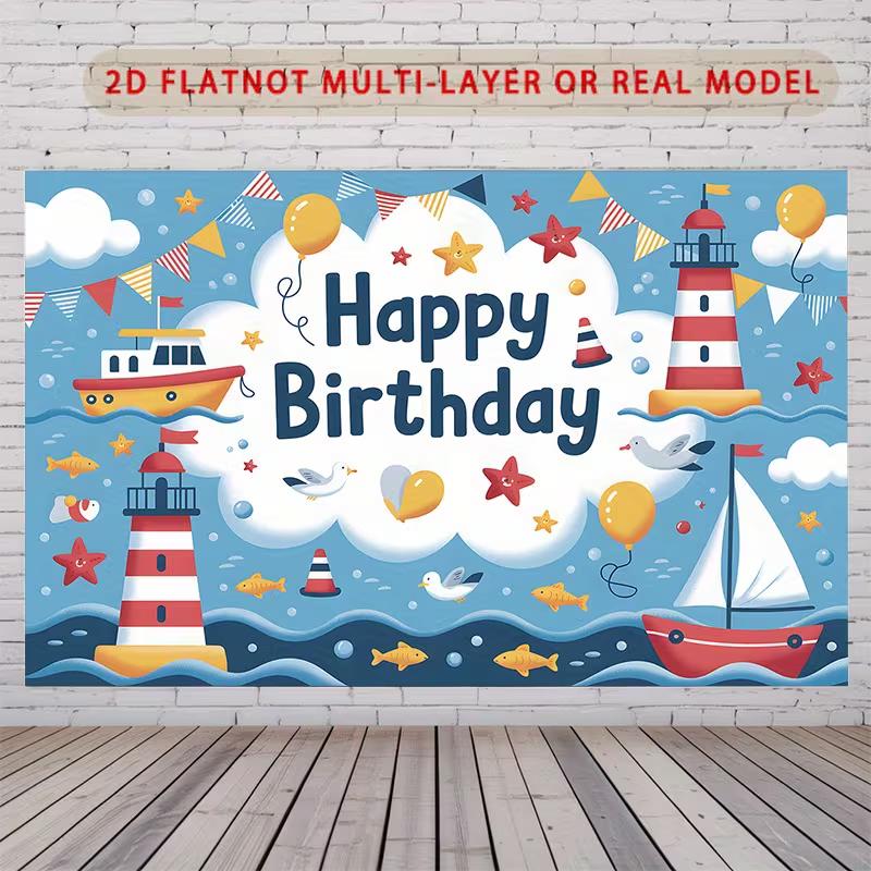 2D Ocean Nautical Birthday Backdrop Banner Cartoon Sea Theme Party Decoration