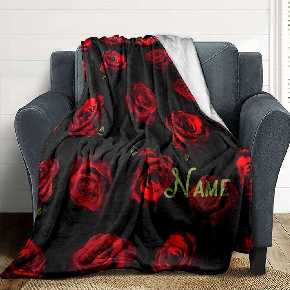 Red Roses On Black Fabric Gift Customizable Blanket Personalized Name Comfortable Texture Perfect For Sofa Couch Office Bed Picnics Ideal For All