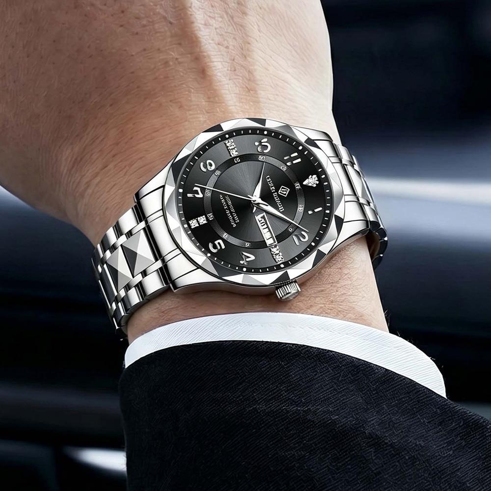 LOUIEJUELEN New Men's Business Quartz Watch with Luminous Hands Versatile Calendar Stainless Steel Strap Trendy Men's Watch Gift