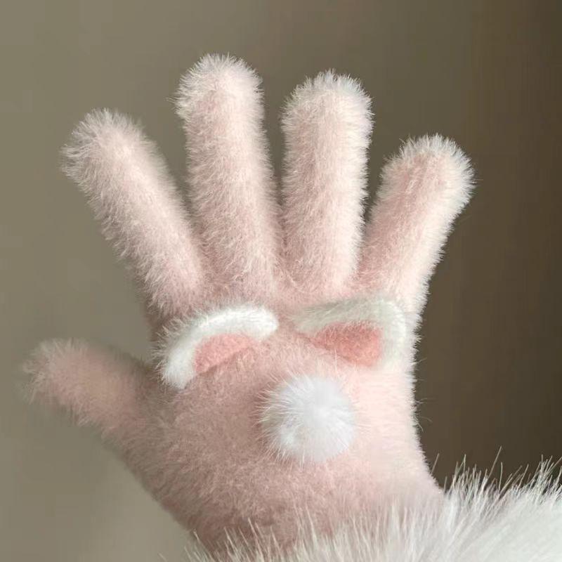 

Cute Pink Rabbit Cat Ear Pom-pom Plush Gloves Cold-Proof Gloves Student Winter Warm Five-finger Gloves Women Accessory Xmas Gift