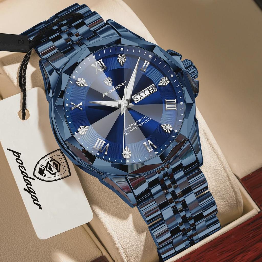 POEDAGAR Luxury Fashion Man Clock Top Business Waterproof Luminous Date Week Men's Watches Quartz Stainless Steel Wristwatch