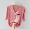 Blusa da Donna a Maglia Costinata Casual Scollo a V Manica Corta Top Decorato con Bottoni