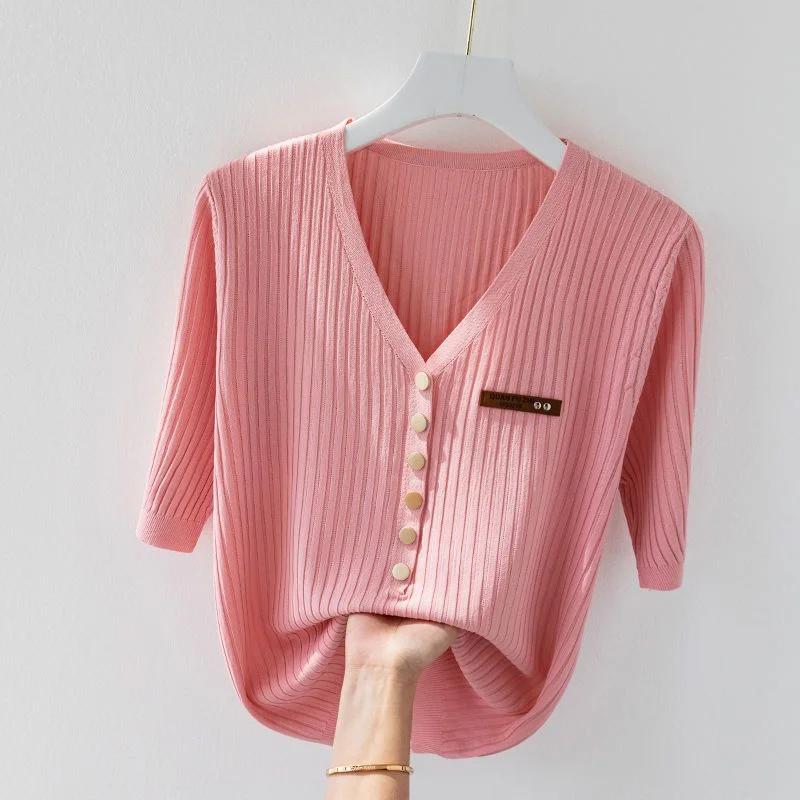 Blusa da Donna a Maglia Costinata Casual Scollo a V Manica Corta Top Decorato con Bottoni