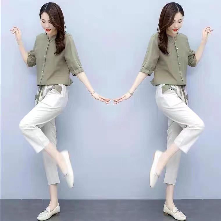 Casual Fashion Age-reducing Cotton and Linen Suit Linen Short-sleeved Pants Two-piece Women