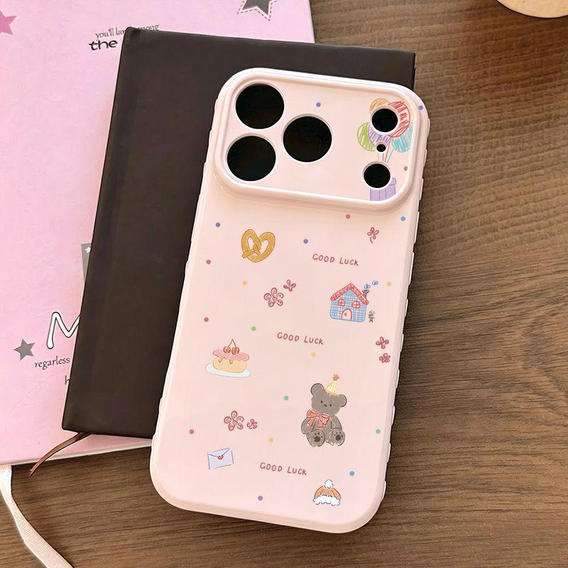 Large Window Soft Phone Case with Ribbon, Bear, and Heart Design for Apple 17ProMax, 15, and 16Pro
