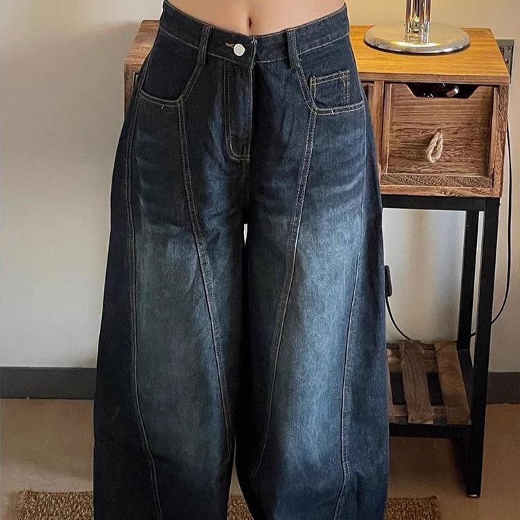 Retro High Street Scimitar Jeans: Women's Washed Wide-Leg Distressed Pants