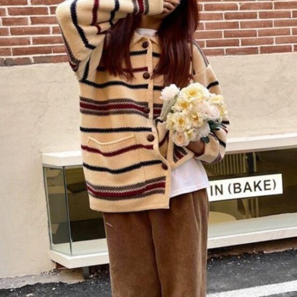 Navava Nk2810 Casual Stripe Long Sleeve Knit Cardigan