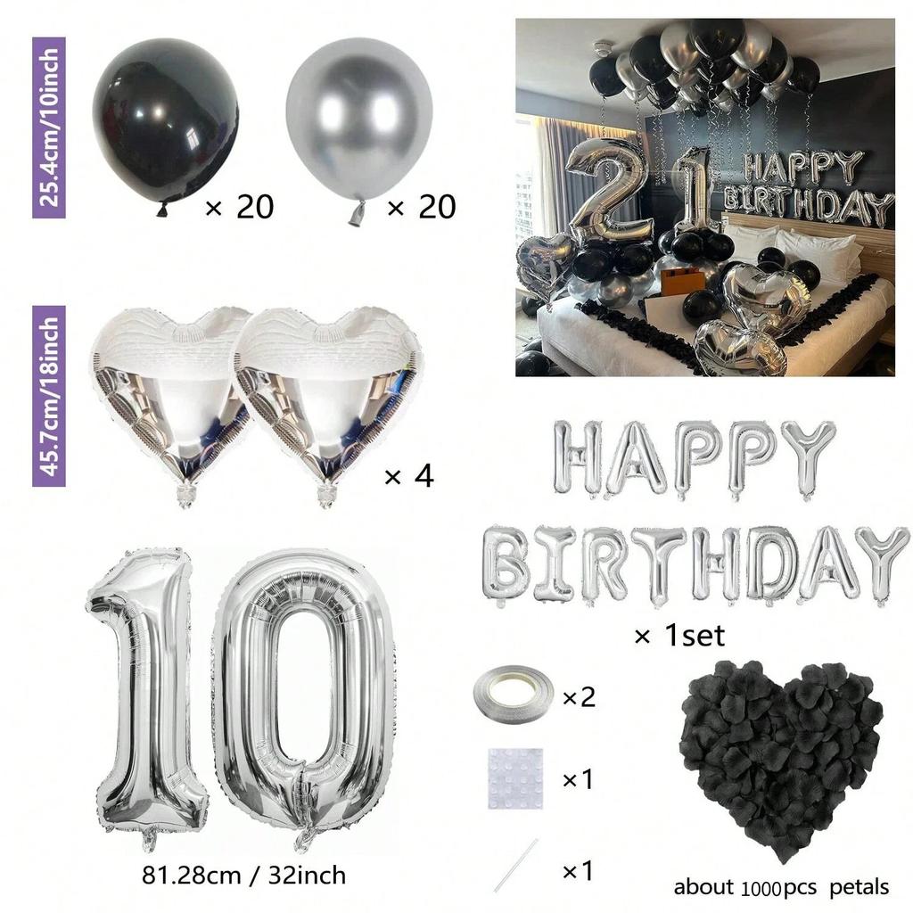 Black Silver Party Birthday Banner Heart-Shaped Aluminum Foil Balloon Rose Petals, Birthday, Anniversary, Atmosphere Decoration