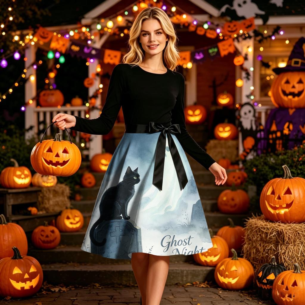 Womens Long Sleeve Round Neck Dress Halloween Print Casual Midi Dress with Waist Tie Elegant Fit and Flare Style Suitable for Seasonal Wear