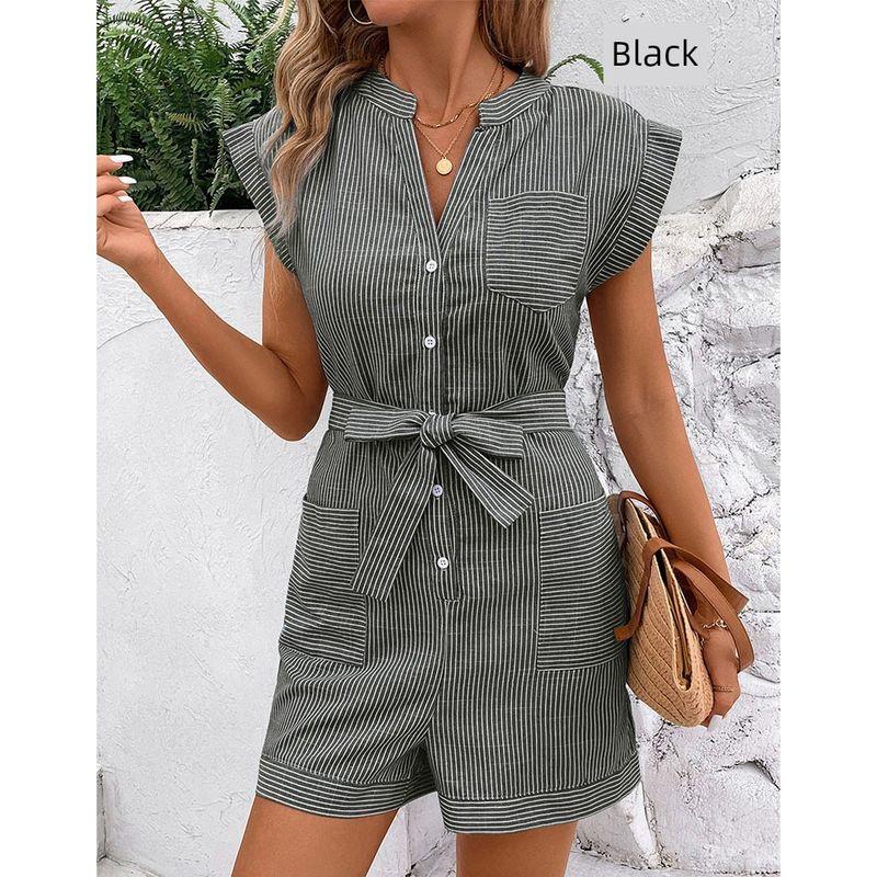 European and American Summer V-neck Single-Breasted Stripe Pocket Age-Reducing Casual Temperament Short Sleeve Jumpsuit Shorts Jumpsuits