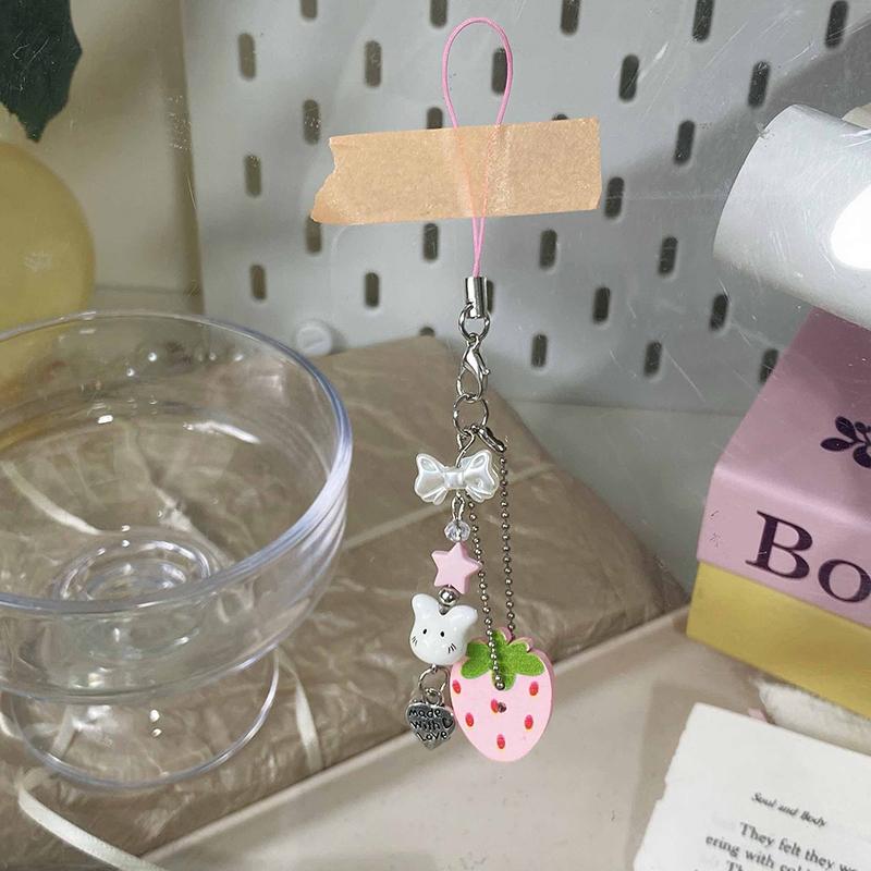 Sweet Y2K Cute Strawberry Mobile Phone Lanyard Lovely Rabbit Four Leaf Clover Star Keychain Bag Charms Girls Fresh Cute Pendant