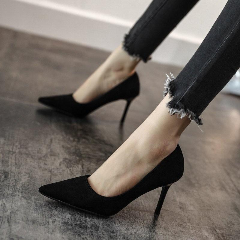New Fashion Women's Shoes Sexy Black High Heels Sharp Pointed Suede Pumps Elegant Shallow Mouth Shoes