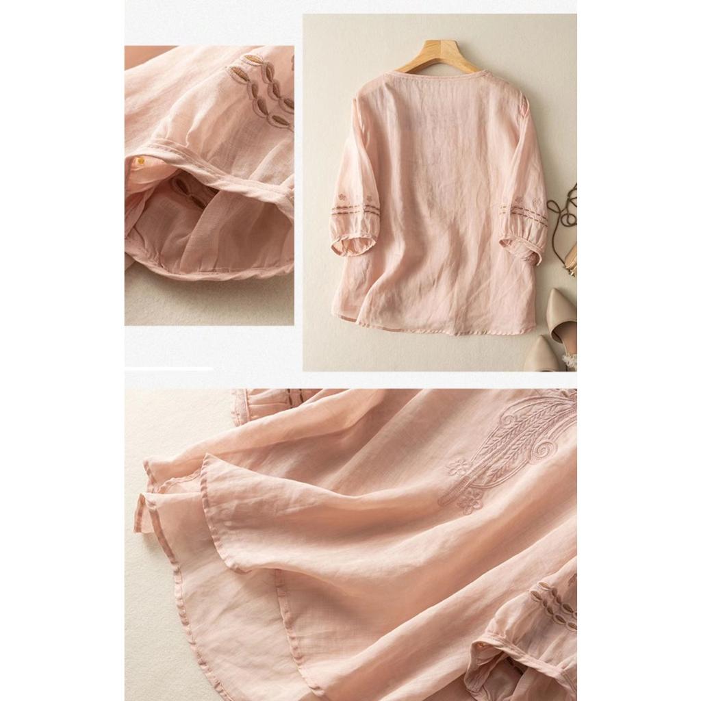 Linen Plus Size Middle-aged Mom Summer Chinese Style Short Sleeved Women's Blouses & Shirts
