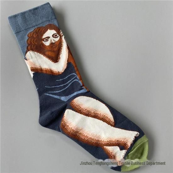 Șosete la modă cu pictură în ulei franceză: Șosete de vițel colorate, cu tub mediu-înalt, de nișă, la modă pentru femei