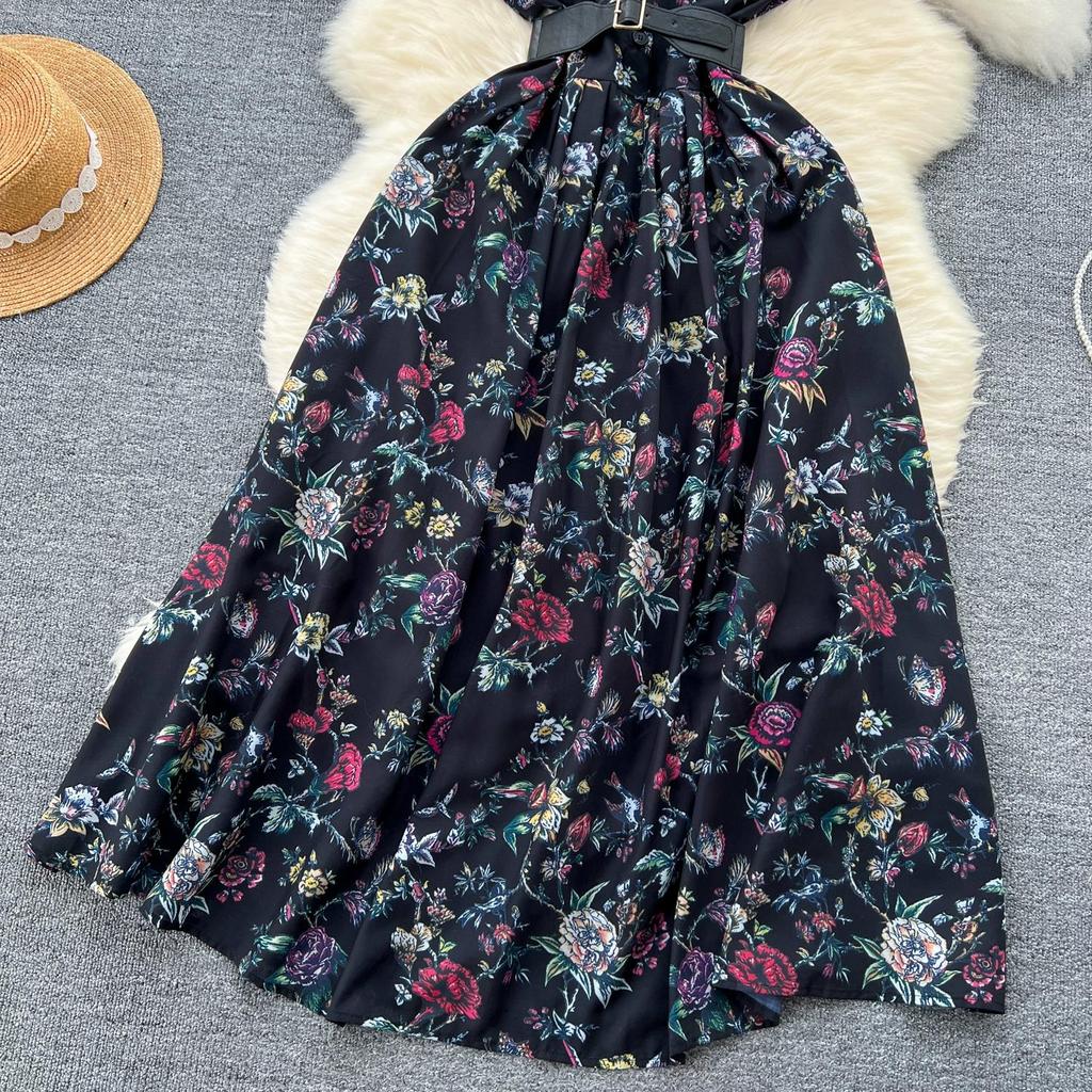 French Vintage Print Lapel Dress Women's Short Sleeve Floral Print High Waist Belt Office Lady Maxi Clothing Female