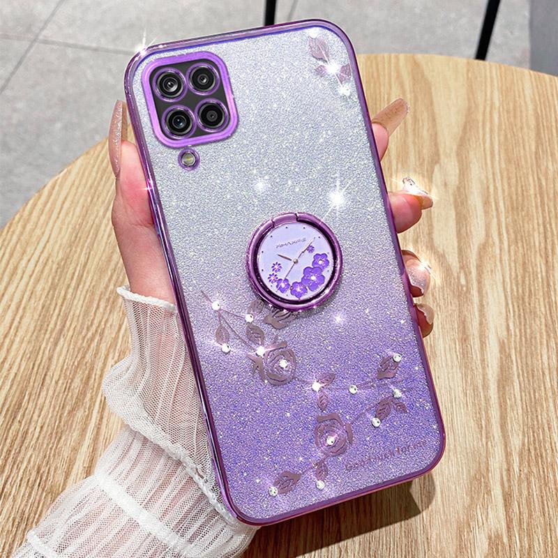 KADEM For Samsung Galaxy A42 5G Flower Rhinestone Decor TPU Cover Glitter Gradient Phone Case with Ring Kickstand