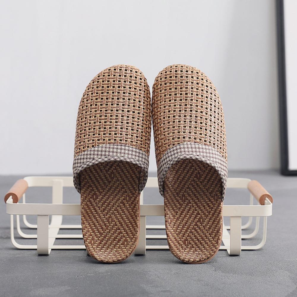 Linen Home Slippers Women Wooden Floor Slippers Couples Home Grass Mats Indoor Male Sandals Comfortable Non Slip House Shoes Bathroom