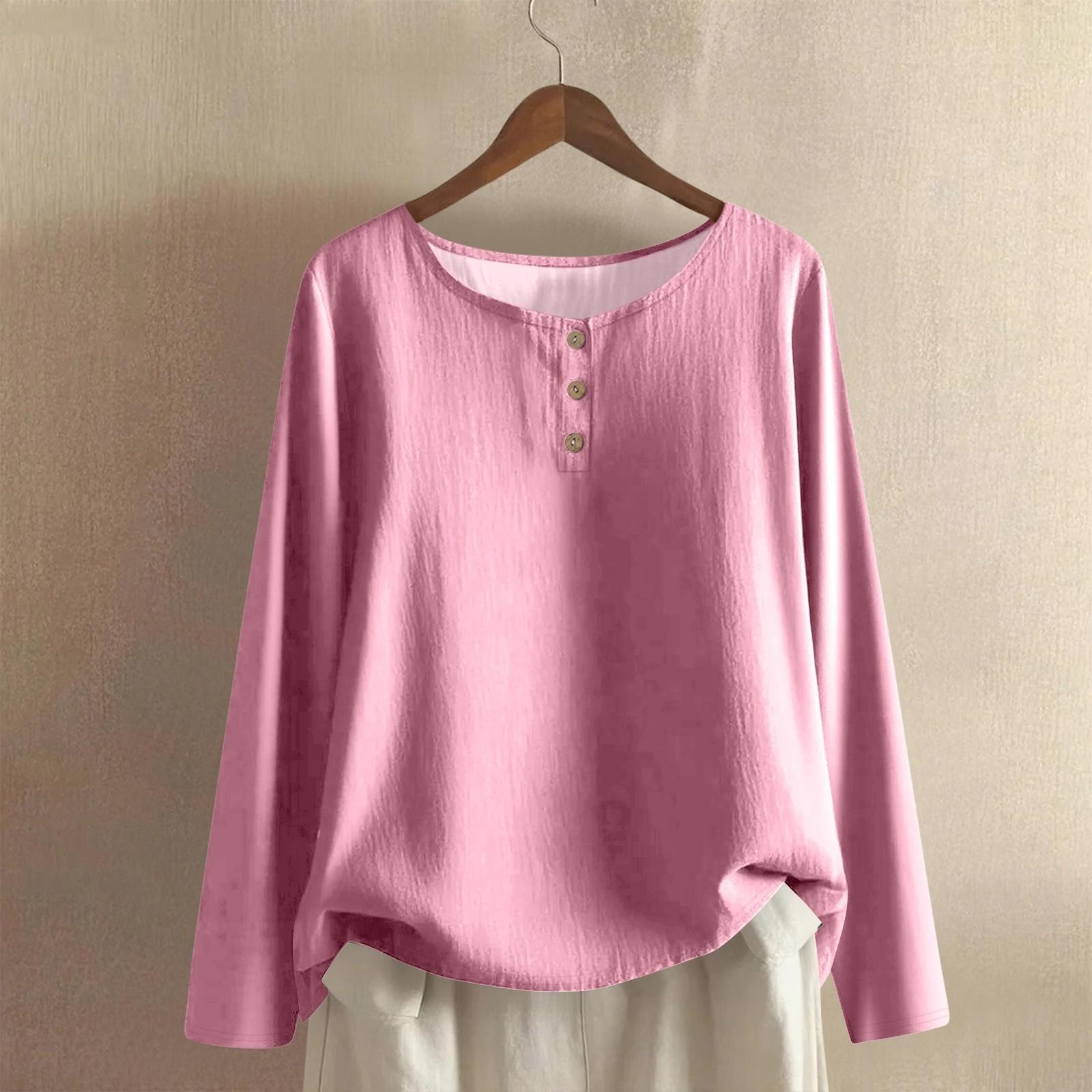 

Женская модная и повседневная рубашка с длинным рукавом, круглым вырезом, однотонная, из хлопка и льна, блузка-топ L розовый