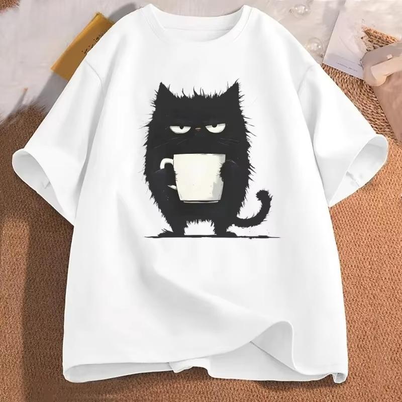 

Funny Black Cat Coffee T-Shirt Tired Cat T Shirt Women Graphic Cute Cat Lover Clothes Clothing Harajuku Sleeve Aesthetic Clothes S разноцветный