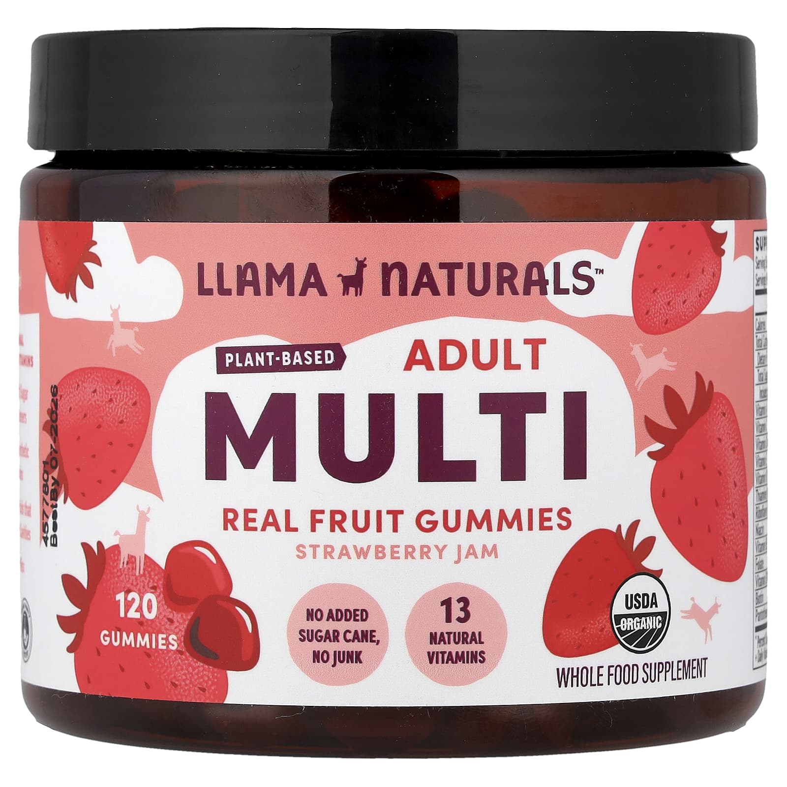 

Llama Naturals, Vegan Multifruit Gummies for Adults, Strawberry Jam, 120 Gummies