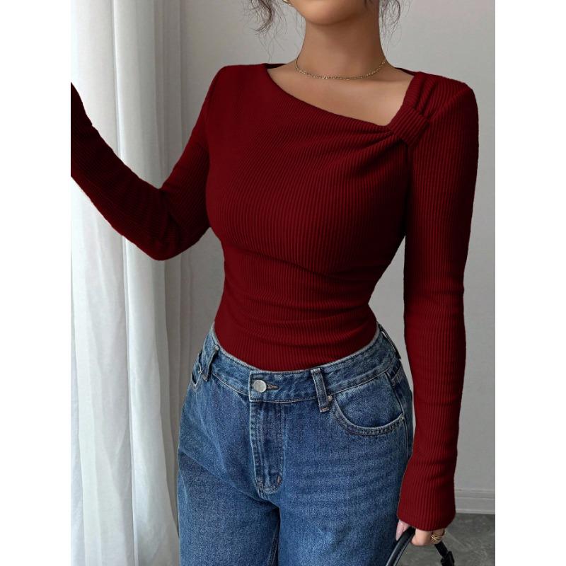 Women S Asymmetrical Neck Long Sleeve Knit Top Slim Fit Autumn Blouse