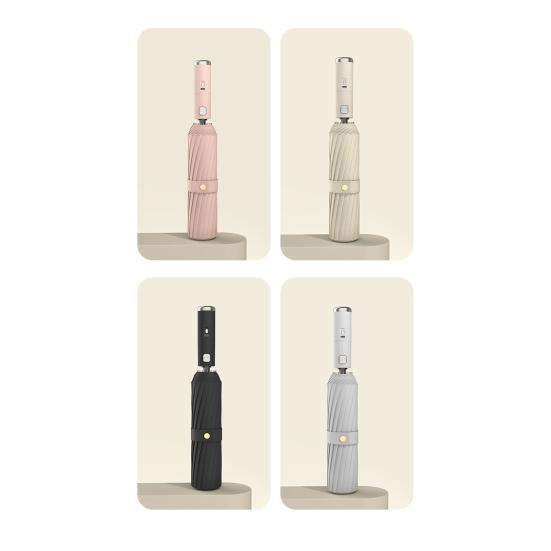 Sammenleggbar paraply med vifte, 3 hastigheter justerbar, USB-oppladbar, UV-beskyttelsesparaply, bærbar, vanntett, vindtett, sommer utendørs, sol- og regnparaply