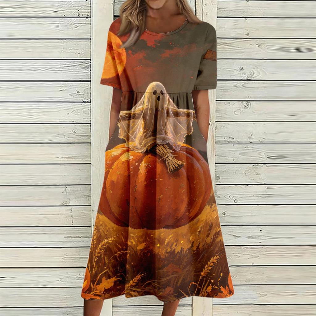 Women's Casual Round Neck Dress with Pockets Halloween Print for Party and Everyday Wear
