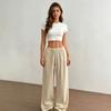 Women Solid Textured Wide Leg Pants Elastic Drawstring High Waist Casual Long Trousers Summer Loose Palazzo Pants