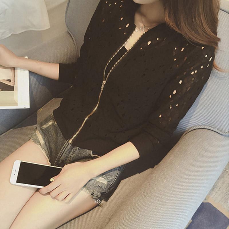 

Модная женская куртка-бомбер с длинным рукавом, кружевная солнцезащитная рубашка, короткое летнее тонкое пальто, повседневное бейсбольное пальто 2XL чёрный