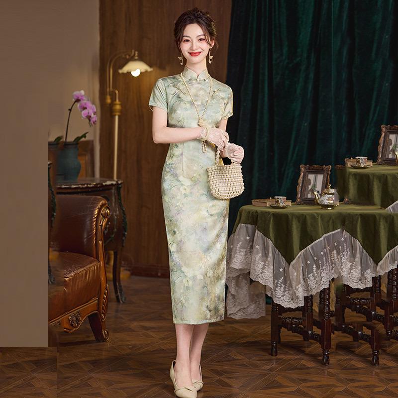 Double placket green national style Chinese long improved cheongsam new young women s retro slim short sleeves summer S